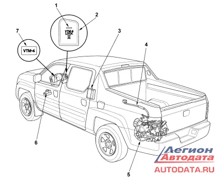 Расположение компонентов системы подключения полного привода (Honda Ridgeline)