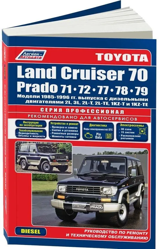 Книга Toyota Land Cruiser 70 и Prado 71, 72, 77, 78, 79 1985-1996 дизель, электросхемы. Руководство по ремонту и эксплуатации автомобиля. Профессионал. Легион-Aвтодата Книга Toyota Land Cruiser 70 и Prado 71, 72, 77, 78, 79 1985-1996 дизель, электросхемы. Руководство по ремонту и эксплуатации автомобиля. Профессионал. Легион-Aвтодата