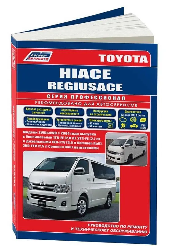 Книга Toyota Hiace, Regiusace с 2004 бензин, дизель, электросхемы, каталог запчастей. Руководство по ремонту и эксплуатации автомобиля. Профессионал. Легион-Aвтодата