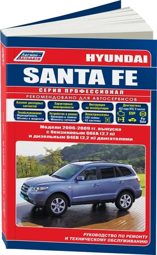 Книга Hyundai Santa Fe 2006-2009 бензин, дизель, каталог запчастей, электросхемы. Руководство по ремонту и эксплуатации автомобиля. Профессионал. Легион-Aвтодата