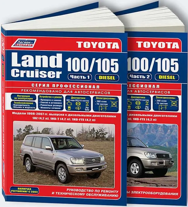 Книга Toyota Land Cruiser 100, 105 1998-2007 дизель, электросхемы, рестайлинг c 2003. Руководство по ремонту и эксплуатации автомобиля. Профессионал. 2 тома. Легион-Aвтодата Книга Toyota Land Cruiser 100, 105 1998-2007 дизель, электросхемы, рестайлинг c 2003. Руководство по ремонту и эксплуатации автомобиля. Профессионал. 2 тома. Легион-Aвтодата