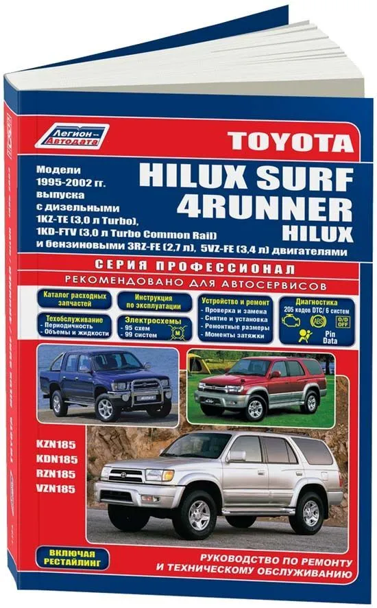 Книга Toyota HiLux Surf, 4Runner, HiLux 1995-2002 бензин, дизель, каталог запчастей, электросхемы. Руководство по ремонту и эксплуатации автомобиля. Профессионал. Легион-Aвтодата