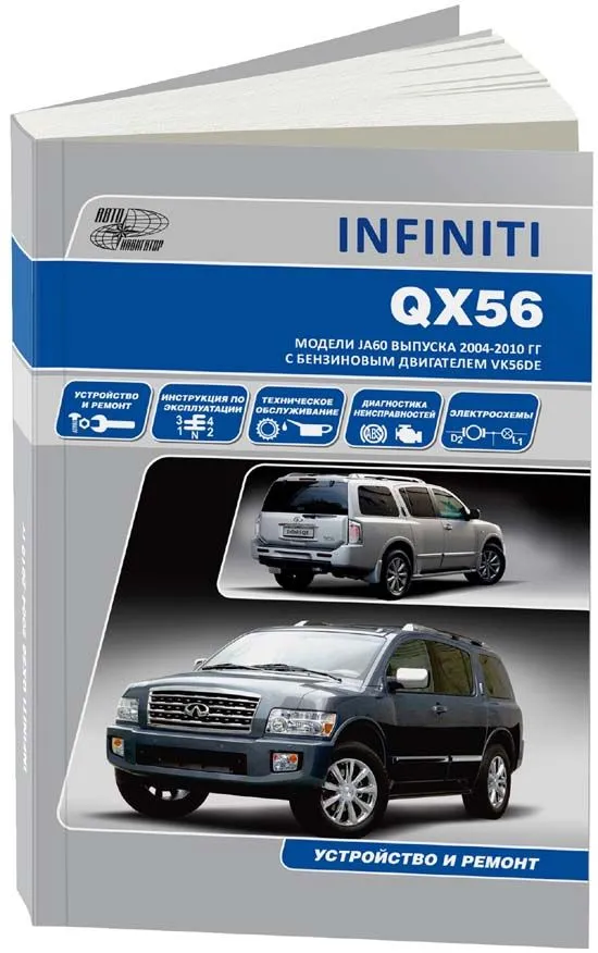 Книга Infiniti QX56 модели JA60 2004-2010 бензин, электросхемы. Руководство по ремонту и эксплуатации автомобиля. Автонавигатор Книга Infiniti QX56 модели JA60 2004-2010 бензин, электросхемы. Руководство по ремонту и эксплуатации автомобиля. Автонавигатор