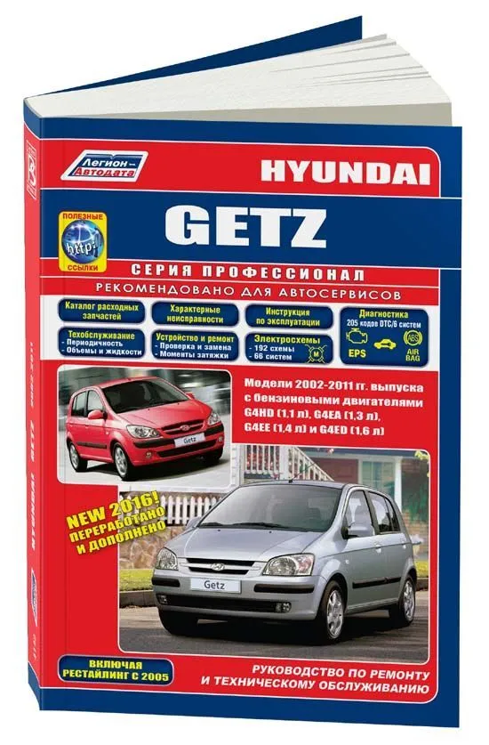 Книга Hyundai Getz 2002-2011, рестайлинг с 2005 бензин, электросхемы, каталог з/ч. Руководство по ремонту и эксплуатации автомобиля. Профессионал. Легион-Aвтодата